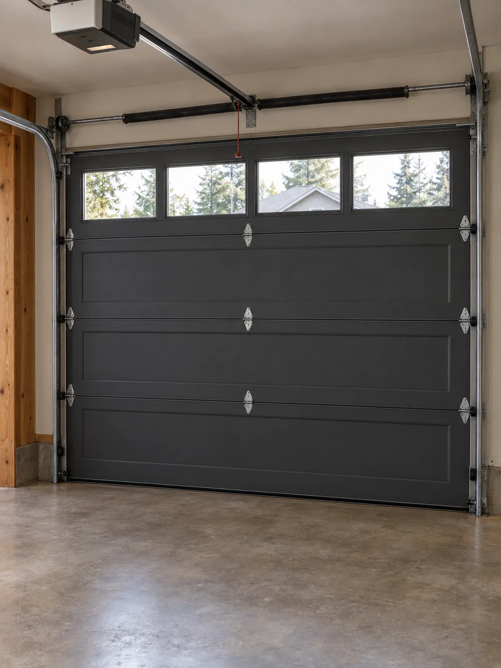 Illustrative residential garage door, tracks, and opener viewed from inside